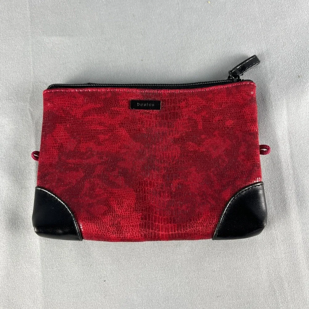 Basics Cosmetic Makeup Bag Womens Small Red Black Leather Trim Travel Organizer